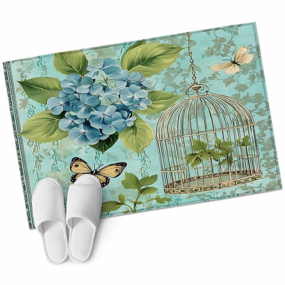 Blue Spring Floral Large Area Rugs for Bedroom Living Room, Soft Non Slip Carpet Bedside Rug, Green Summer Botanical Butterfly Rectangular Floor Cover Kitchen Accent Rug 2'x3' for Dining Room/Office