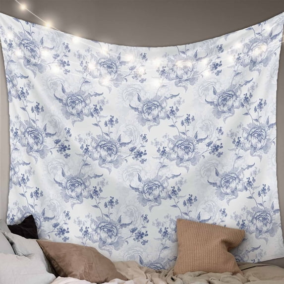 Blue Spring Floral Large Tapestry for Bedroom Wall Hanging Tapestry, Summer Botanical Elegant Flowers Ceiling Backdrop Tapestries Poster Blanket Wall Decor for Teens Room Living Room Dorm 85" x 90"