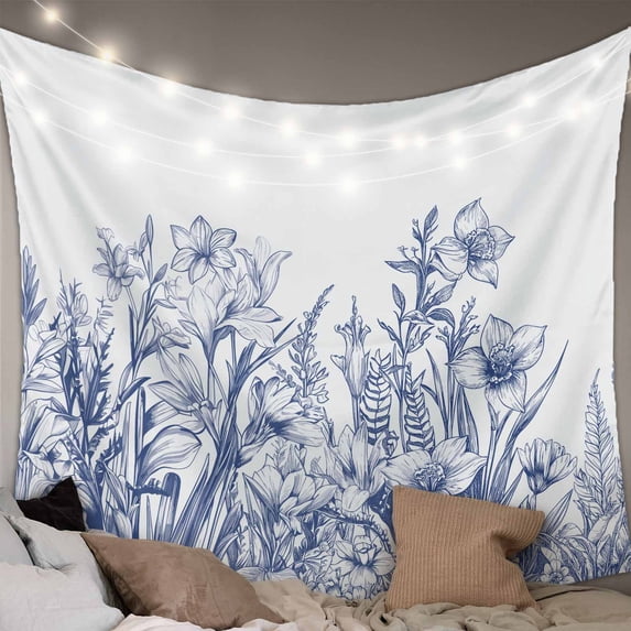 Blue Spring Floral Large Tapestry for Bedroom Wall Hanging Tapestry,Watercolor Botanical Summer Vintage Ceiling Backdrop Tapestries Poster Blanket Wall Decor for Teens Room Living Room 86" x 104"
