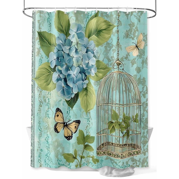 Blue Spring Floral Long Shower Curtain Set, Waterproof Shower Curtains for Bathroom, Green Summer Botanical Butterfly Washable Fabric Cloth Bath Curtain for Bathtub Decoration with Hooks 72x84 Inches
