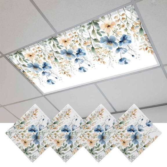 Blue Spring Floral Magnetic Fluorescent Light Covers for Ceiling Lights 2x4Ft, Weeping Botanical Orange Summer Office Classroom Kitchen Drop Ceiling Light Covers Lighting Filters Shade Panel 4 Packs