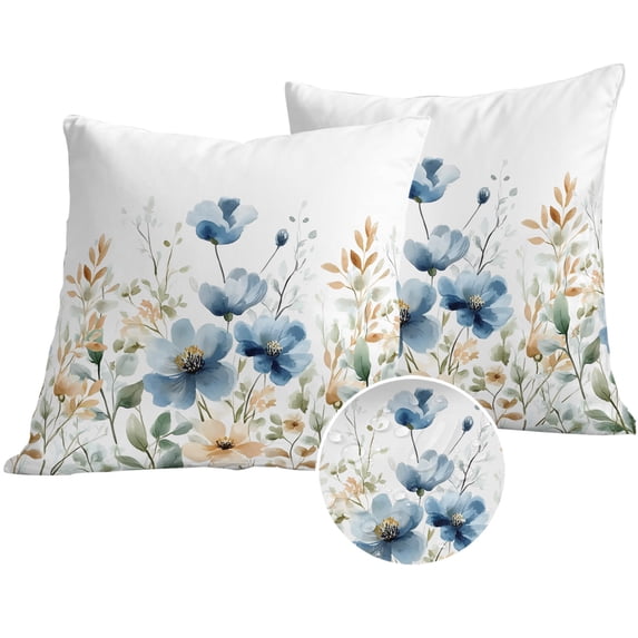 Blue Spring Floral Outdoor Pillow Covers 20x20 Set of 2,Waterproof Patio Throw Pillowcase Protectors,Watercolor Blooming Summer Botanical Decorative Pillow Shams Cushion Covers for Seat Bed Couch