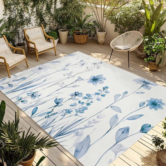 Blue Spring Floral Outdoor Rug for Patio/Deck/Porch, Non-Slip Large Area Rug 4 x 6 Ft, Summer Flowers Botanical Elegant Indoor Outdoor Rugs Washable Area Rugs, Reversible Camping Rug Carpet Runner