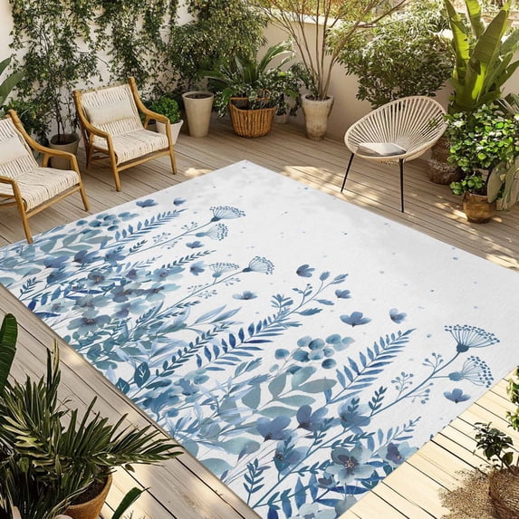 Blue Spring Floral Outdoor Rug for Patio/Deck/Porch, Non-Slip Large Area Rug 4 x 6 Ft, Watercolor Elegant Pastoral Flowers Indoor Outdoor Rugs Washable Area Rugs, Reversible Camping Rug Carpet Runner