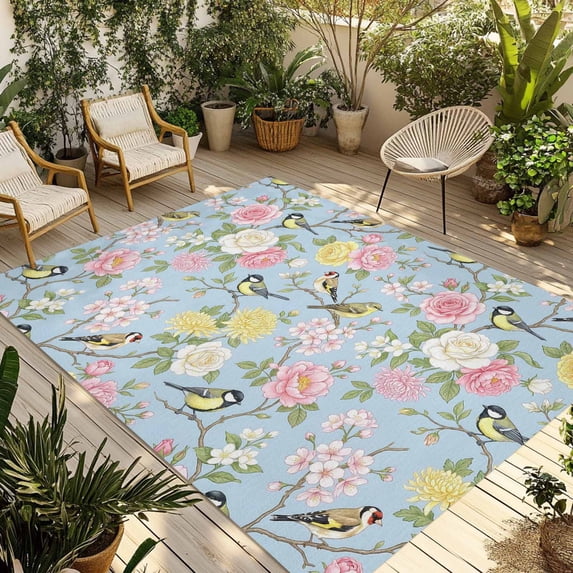 Blue Spring Floral Outdoor Rug for Patio/Deck/Porch, Non-Slip Large Area Rug 5 x 8 Ft, Elegant Farmhouse Flowers Birds Watercolor Indoor Outdoor Rugs Washable Area Rugs, Camping Rug Carpet Runner