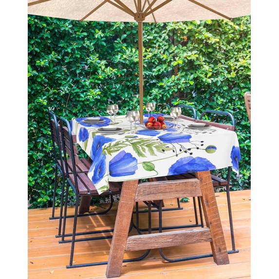 Blue Spring Floral Outdoor Tablecloth - 54x54 Inch Square Dining Table Cover, Watercolor Vintage Summer Botanical Waterproof Outdoor Table Cloth with Umbrella Hole & Zipper for Picnic/Patio