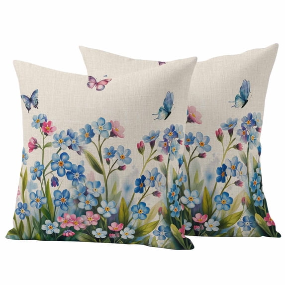 Blue Spring Floral Outdoor Waterproof Pillow Covers, Pink Flowers Butterfly Rustic Decorative Square Throw Pillowcase Sofa Cushion Sham for Patio/Couch/Chair, 26"x26" 2 Pack