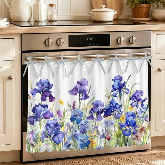 Blue Spring Floral Oven Skirt Curtain, Oven Door Curtain with 8 Ribbon Ties & Ruffle Trim, Watercolor Flowers Summer Botanical Kitchen Appliance Door Cover for Stove Dishwasher Sink Cabinet 27"x20"