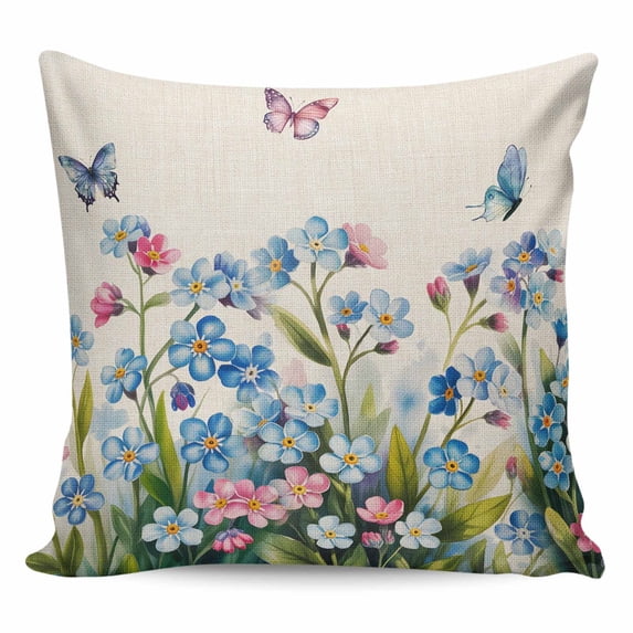Blue Spring Floral Pillow Covers 24x24 Inch Decorative Throw Pillow Cover, Pink Flowers Butterfly Rustic Sofa Pillowcases Accent Cushion Case Home Decor Bedroom Living Room