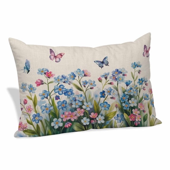 Blue Spring Floral Pillow Covers, Linen Long Throw Pillow Case, Pink Flowers Butterfly Rustic Holiday Pillow Protector Decorative Cushion Cover for Living Room/Bedroom 12" x 20"