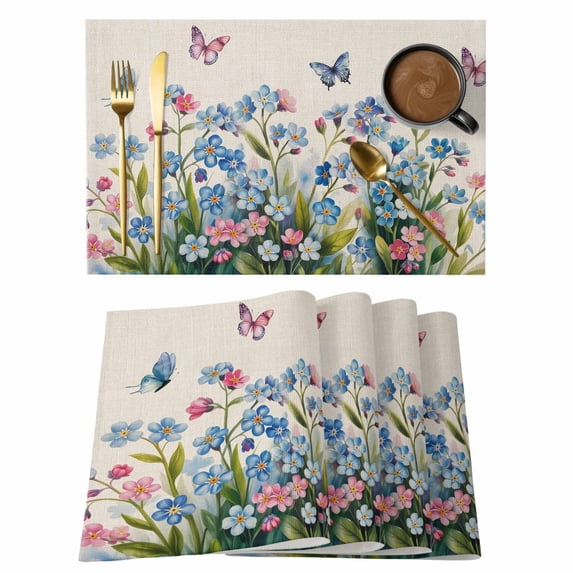 Blue Spring Floral Placemats Set of 4 Pink Flowers Butterfly Rustic Place Mats Indoor Wipeable Table Mats Washable Cloth Dining Table Placemats for Kitchen Holiday Party Home Decor 13x19 Inch