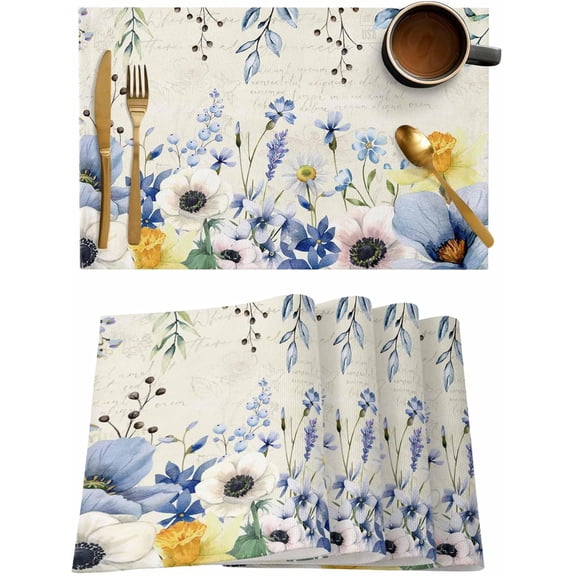 Blue Spring Floral Placemats Set of 4, Summer Botanical Placemats for Dining Table, Flowers Vintage Cotton and Linen Table Mats Washable for Kitchen, Party, Wedding Decor, 13 x 19 Inches