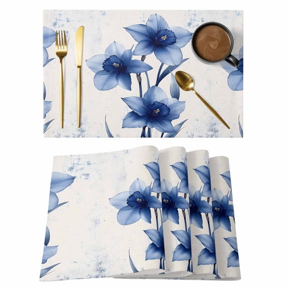 Blue Spring Floral Placemats Set of 4 Summer Botanical Wildflower Garden Place Mats Indoor Wipeable Table Mats Washable Cloth Dining Table Placemats for Kitchen Holiday Party Home Decor 13x19 Inch