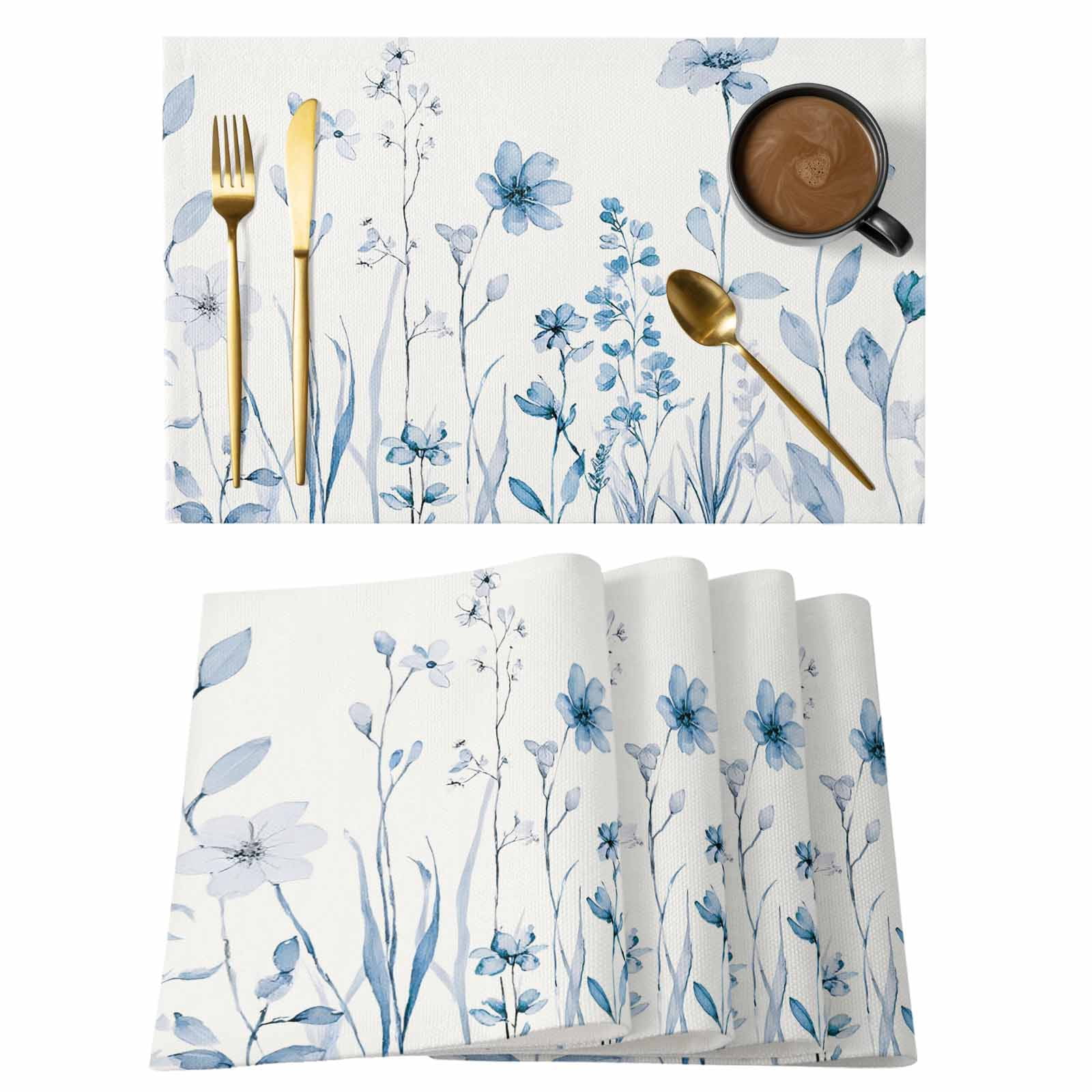 Blue Spring Floral Placemats Set of 4, Summer Flowers Botanical Elegant ...