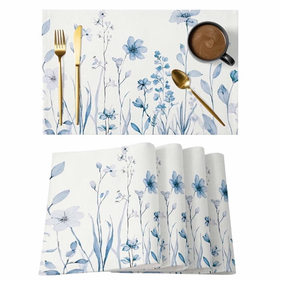 Blue Spring Floral Placemats Set of 4, Summer Flowers Botanical Elegant Placemats for Dining Table, Place Mats for Kitchen Tabletop, Waterproof Wipeable Dining Table Mats Set