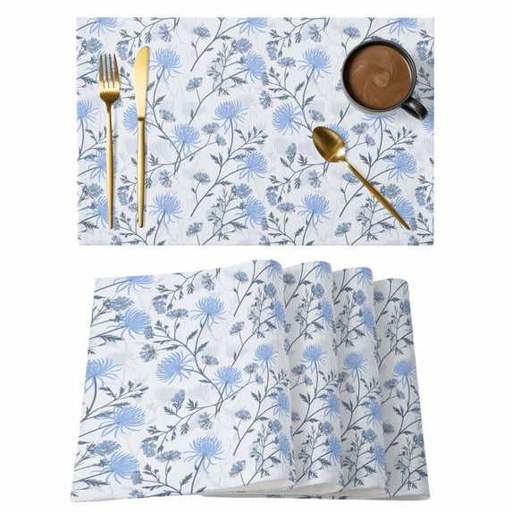 Blue Spring Floral Placemats Set of 6, Flowers Leaves Pastoral Botanical Placemats for Dining Table, Place Mats for Kitchen Tabletop, Waterproof Wipeable Dining Table Mats Set
