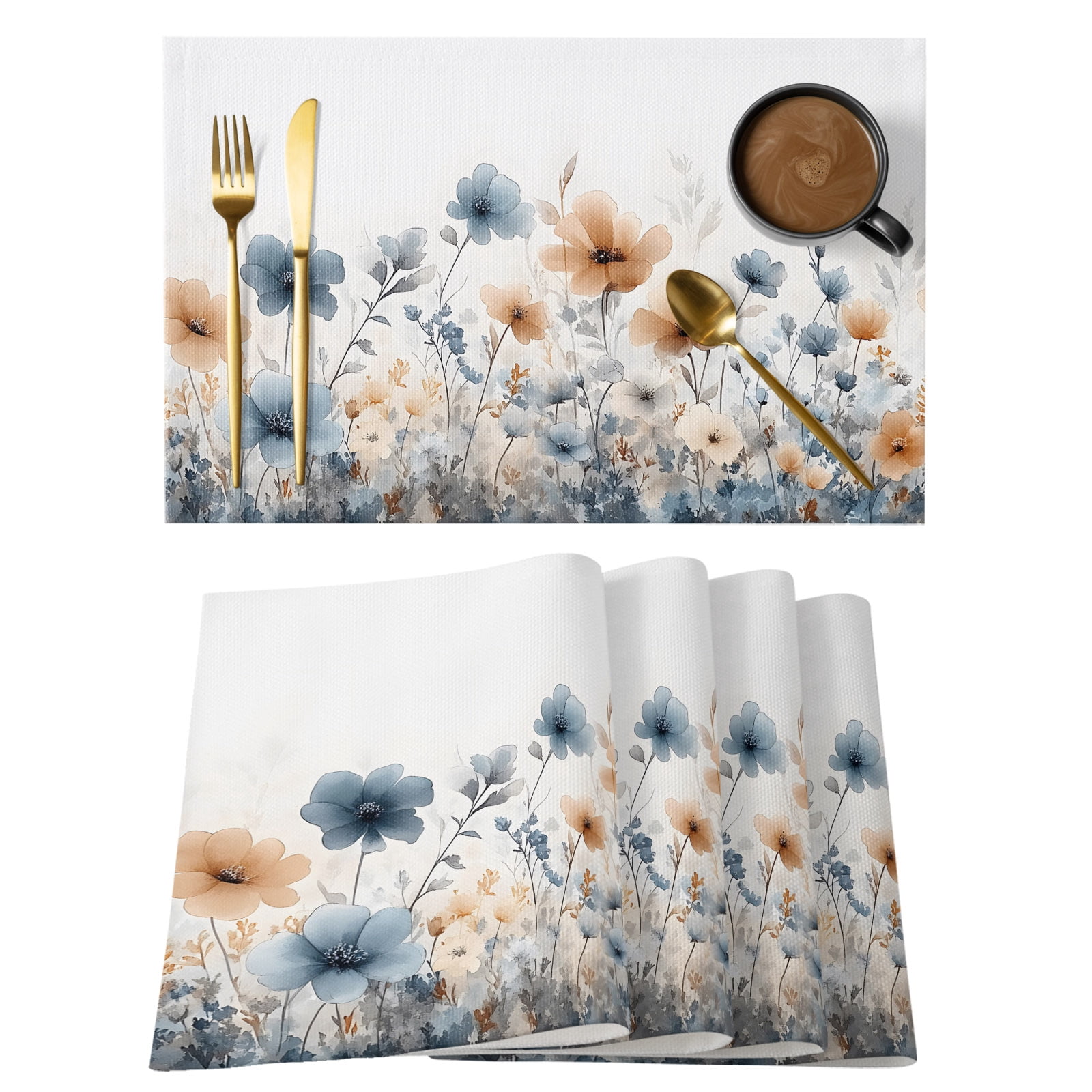 Blue Spring Floral Placemats Set of 8, Cotton Linen Fabric Place Mats ...