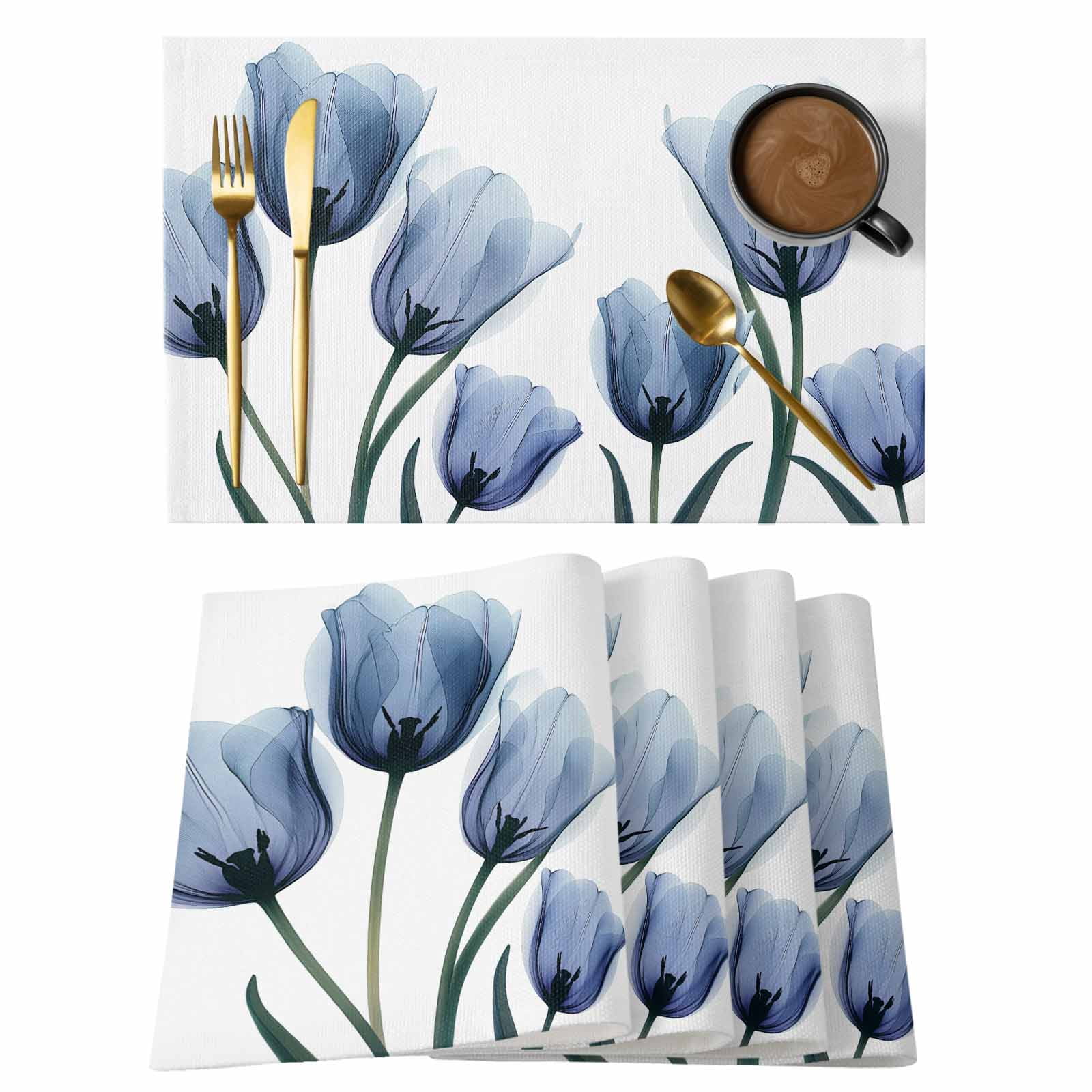 Blue Spring Floral Placemats Set of 8, Cotton Linen Fabric Place Mats ...