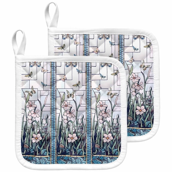 Blue Spring Floral Pot Holders for Kitchen Heatproof Potholder, 2 Pack Summer Butterfly Farmhouse Hot Pads Multipurpose Oven Pads Cloth Potholders Trivet for Cooking and Baking