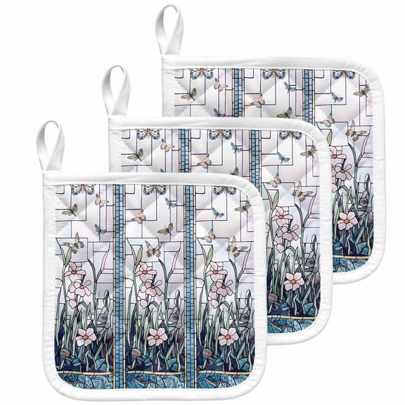 Blue Spring Floral Pot Holders for Kitchen Heatproof Potholder, 3 Pack Summer Butterfly Farmhouse Hot Pads Multipurpose Oven Pads Cloth Potholders Trivet for Cooking Baking