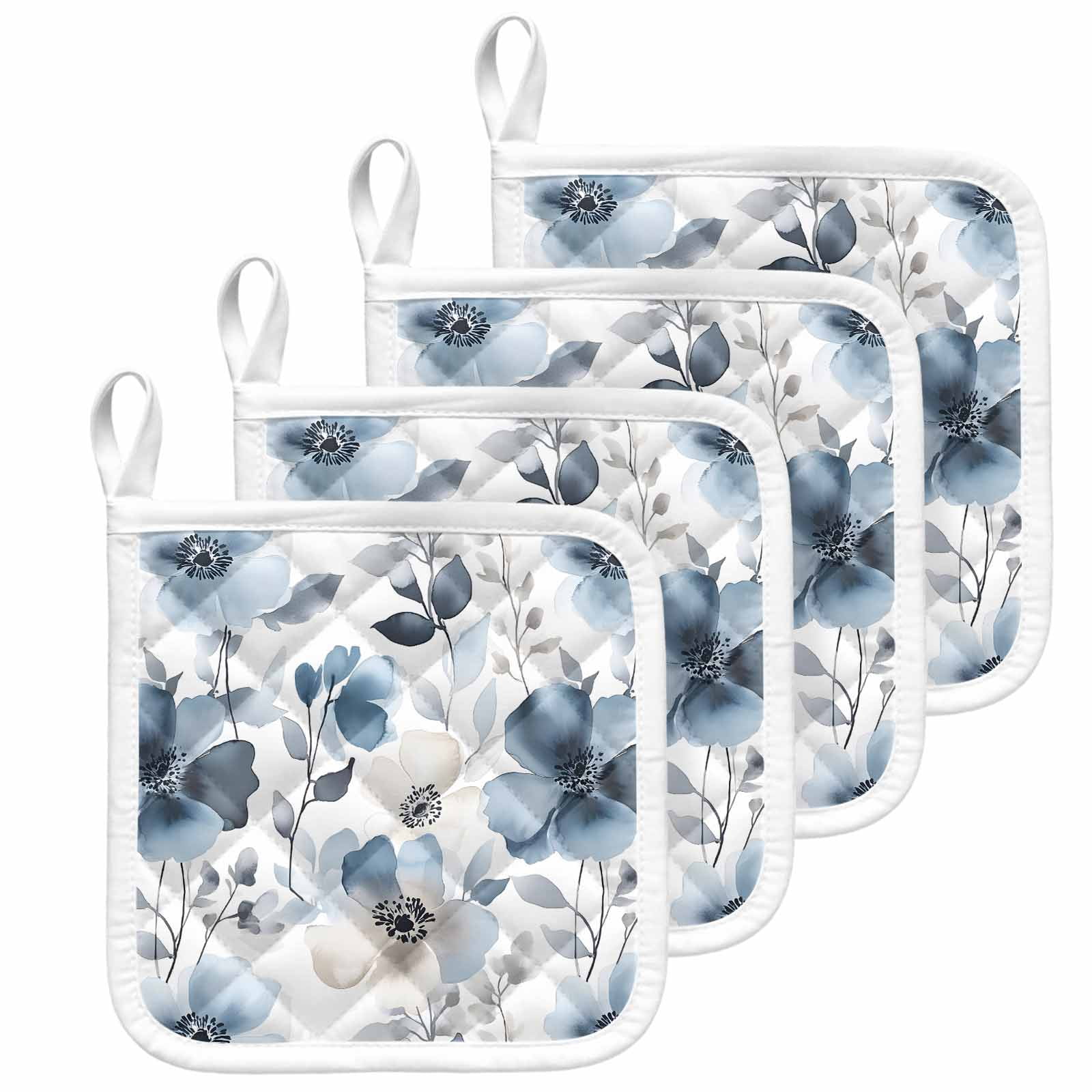 Blue Spring Floral Pot Holders for Kitchen Heatproof Potholder, 4 Pack Watercolor Summer Flowers Abstract Hot Pads Multipurpose Oven Pads Cloth Potholders Trivet for Cooking and Baking