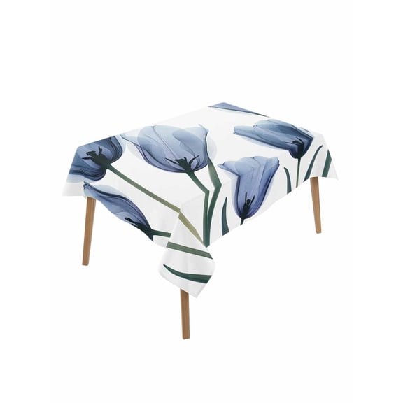 Blue Spring Floral Rectangle Tablecloth, Tulip Blooming Summer Botanical Waterproof & StainResistant Tablecloth, Washable Oil-proof Table Cover for Dining/Party/Wedding/Camping/Buffet 52x70 In