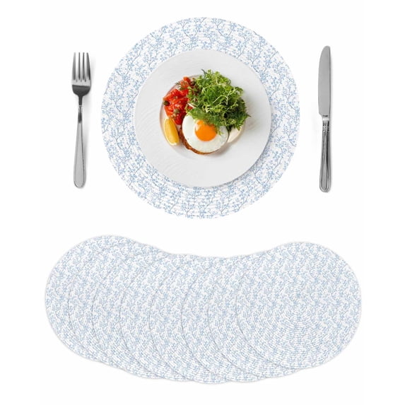 Blue Spring Floral Round 13 Inch Placemats Set of 8, Summer Botanical Watercolor HeatResistant Non Slip Place Mats for Dining Table, Wipeable Braided Kitchen Table Mats for Housewarming
