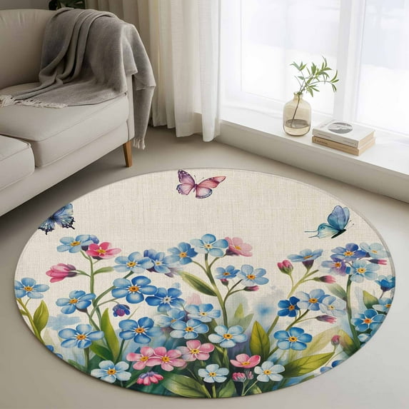 Blue Spring Floral Round Area Rug 4Ft Washable Circle Rugs for Bedroom Dining Room, Pink Flowers Butterfly Rustic Non-Slip Carpet Floor Mats Indoor Outdoor Carpet Runner Aesthetic Home Decor