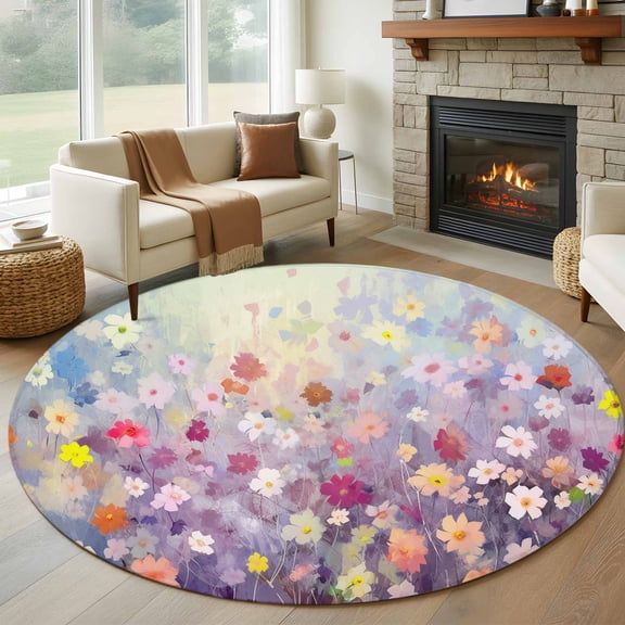 Blue Spring Floral Round Area Rug 5 FT, Non Slip Bedroom Area Rug, Summer Daisy Botanical Oil Painting Washable Soft Circular Carpet Non-Shedding Floor Mat for Kitchen Dining Room Foyer Balcony Dorm