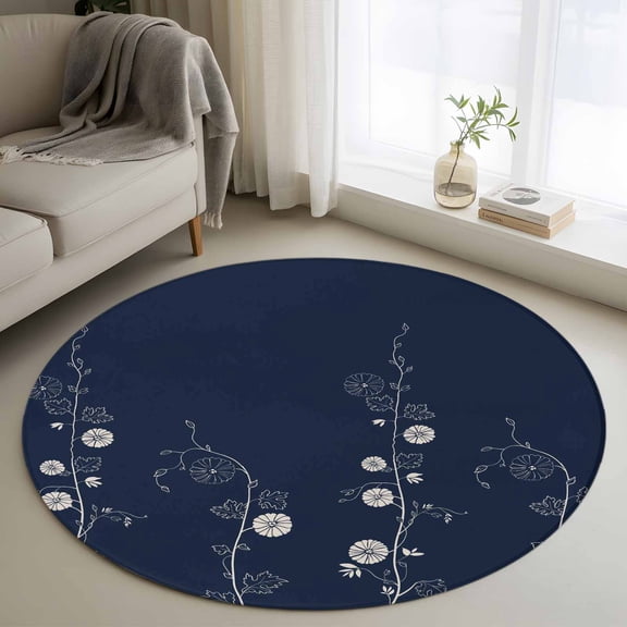 Blue Spring Floral Round Rug 3ft Washable Circle Entryway Rugs Non Slip Abstract Art Flowers Abstract Art Area Rug Indoor Floor Carpet for Bedroom Kitchen Living Room Home Office Dining Room Nursery
