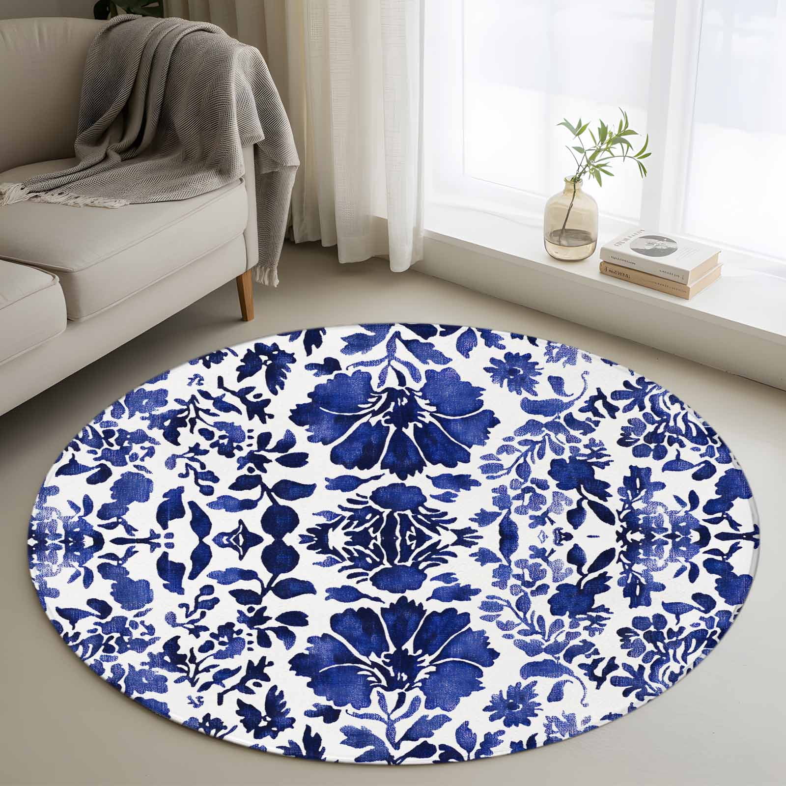 Fairview Spring Blue Rug Blue Spring Floral Round Rug 4ft Washable Circle Entryway Rugs Non Slip ...