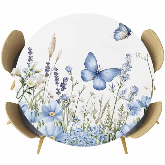 Blue Spring Floral Round Tablecloth 55-60 Inch Round Fitted Table Cloth with Elastic Edge, Elegant Butterfly Summer Botanical Waterproof Table Cover Protector for Outdoor Picnic Party Dining