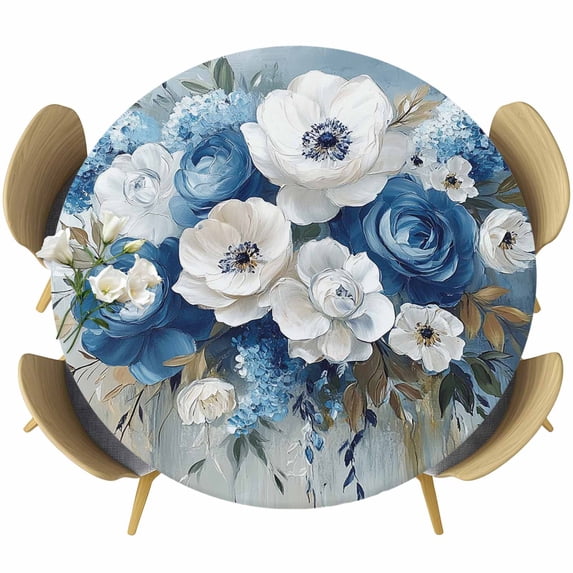 Blue Spring Floral Round Tablecloth 55-60 Inch Round Fitted Table Cloth with Elastic Edge, Vintage Flowers Pastoral Modern Art Waterproof Table Cover Protector for Outdoor Picnic Party Dining