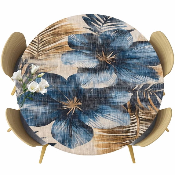 Blue Spring Floral Round Tablecloth 55-60 Inch Round Fitted Table Cloth with Elastic Edge, Vintage Summer Botanical Art Waterproof Table Cover Protector for Outdoor Picnic Party Dining