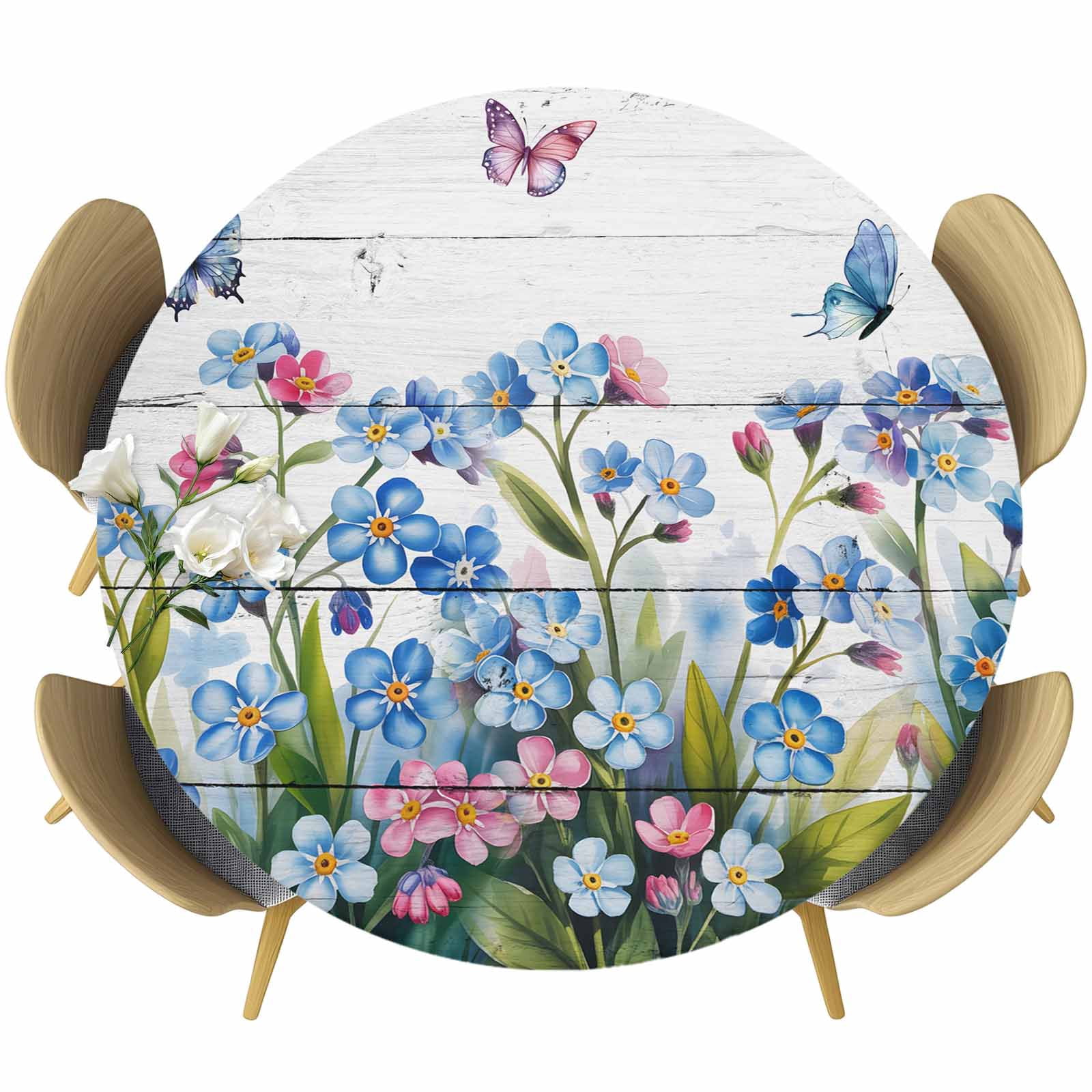Spring Tablecovers Blue Spring Floral Round Tablecloth, Fitted Table Cover with Elastic ...