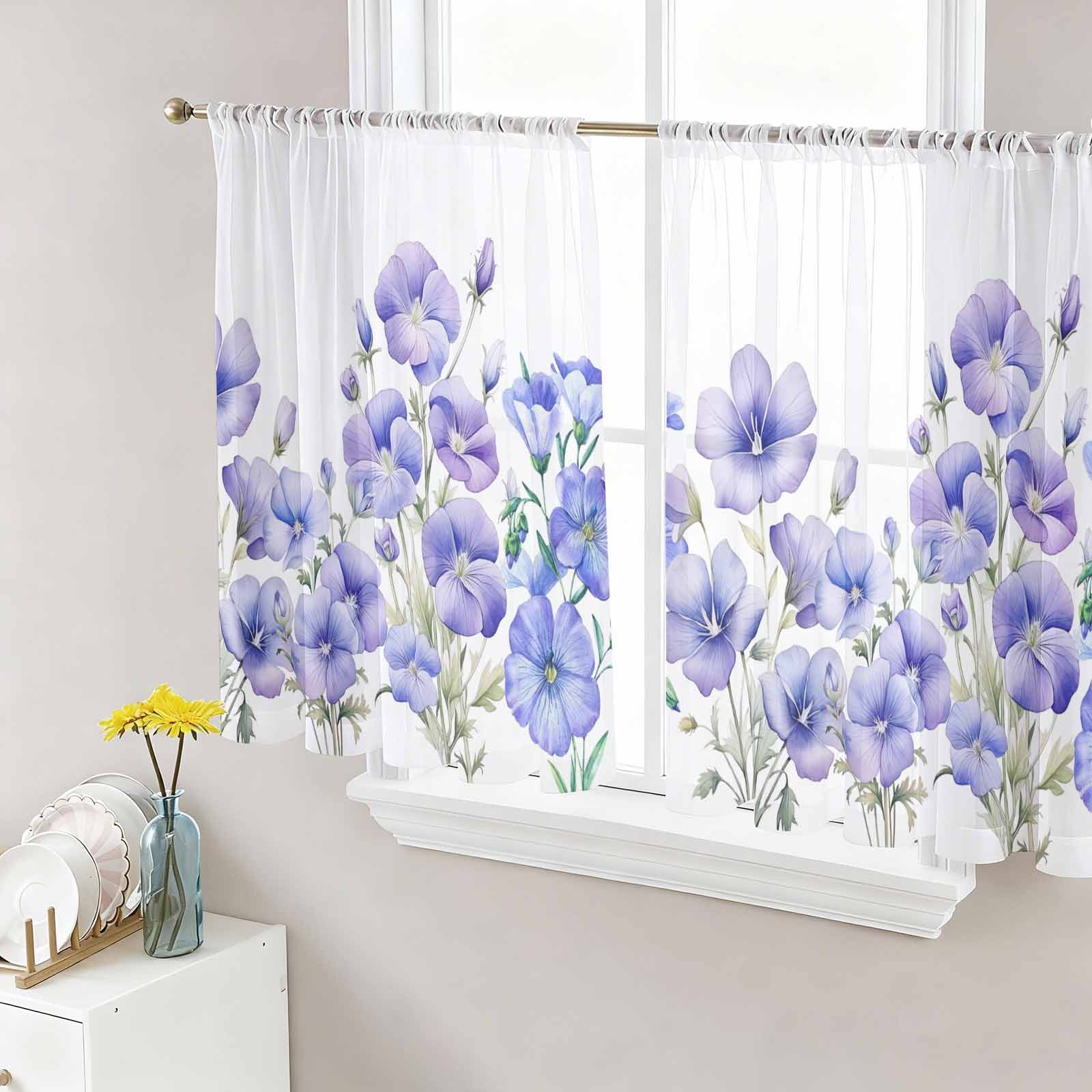 Blue Spring Floral Semi Sheer Curtains 45 Inch Length 2 Panels Set ...