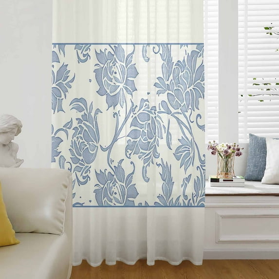 Blue Spring Floral Semi Sheer Curtains Drapes for Living Room, Bedroom, French Doors Window 108 Inches Long, Ethnic Boho Vintage Botanical Rod Pocket Chiffon Curtain Drapery Voile Draperies Panel
