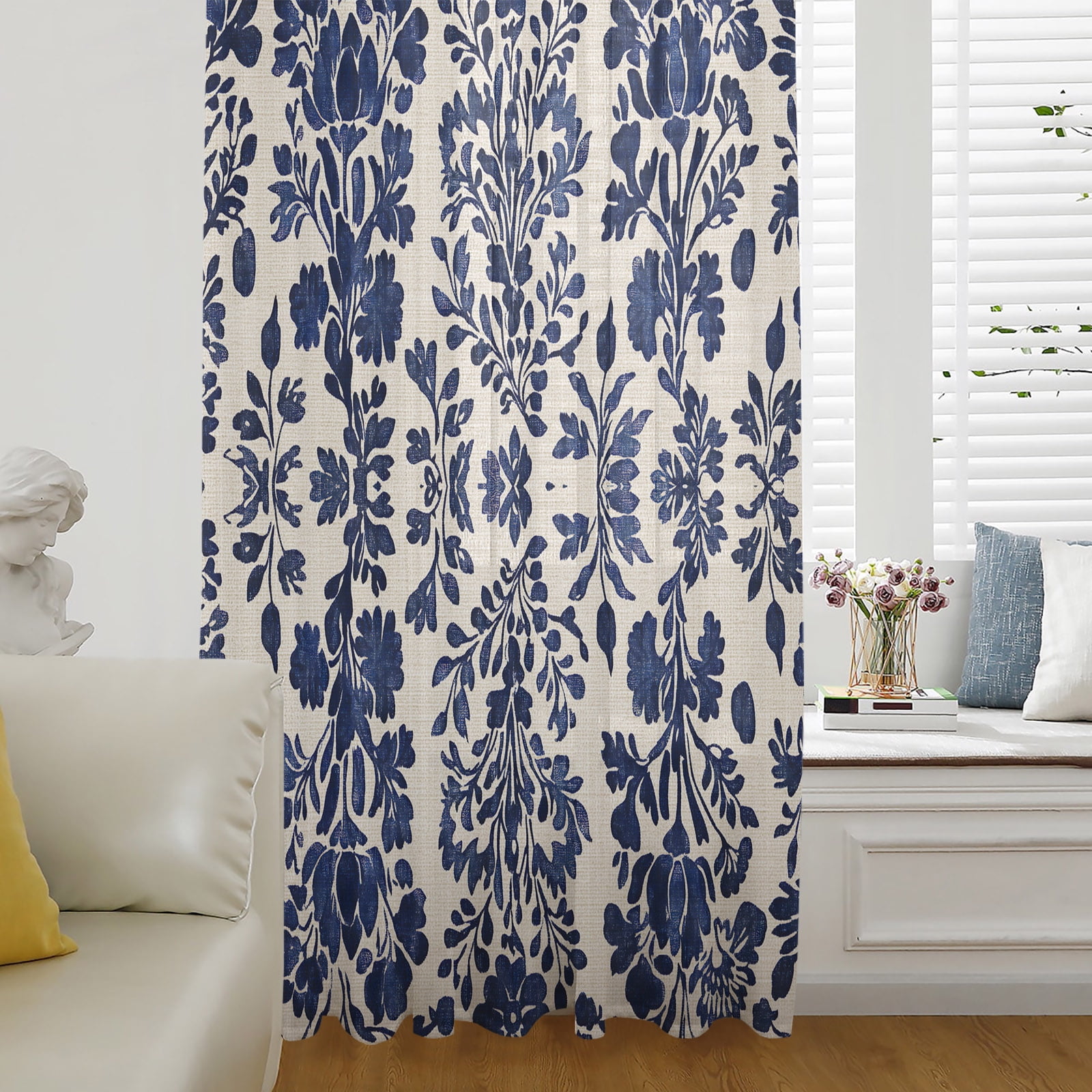Blue Spring Floral Semi Sheer Curtains Drapes for Living Room, Bedroom ...