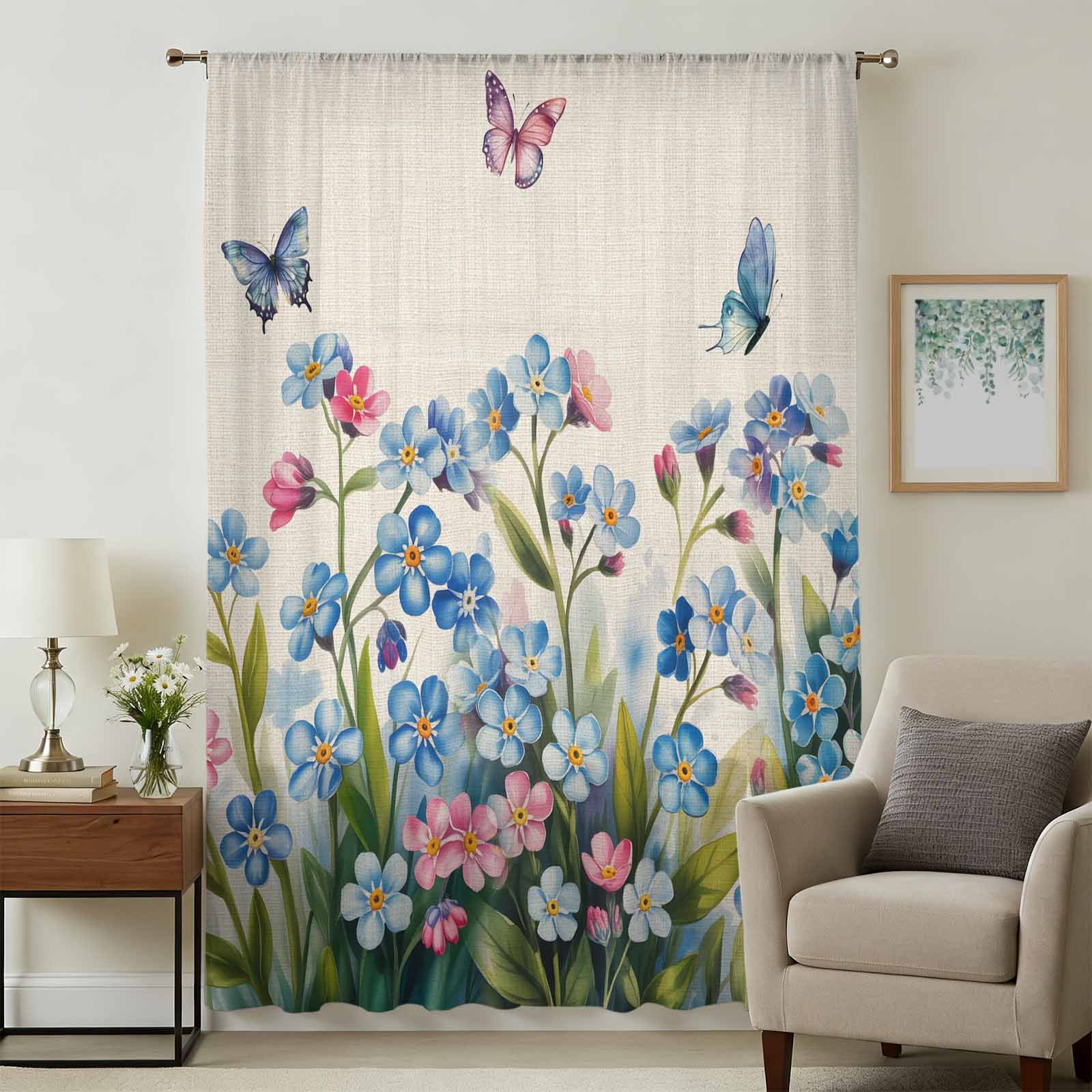 Blue Spring Floral Sheer Curtains 108" Extra Long for Living Room, Pink ...