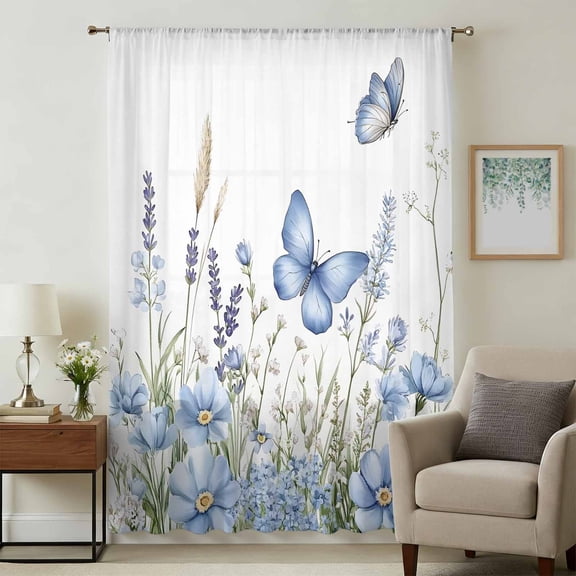 Blue Spring Floral Sheer Curtains 45 Inches Long, Elegant Butterfly Summer Botanical Light Filering Curtains, Breathable Simi Curtain Privacy Drapes for Kitchen Bathroom Small Window Treatment