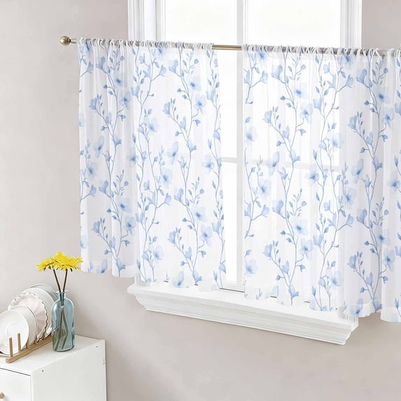 Blue Spring Floral Sheer Curtains 54 Inch Length 2 Panels Set, Elegant Watercolor Summer Botanical Voile Window Treatment Rod Pocket Short Kitchen Curtains Drapes for Bedroom 52"x54"x2