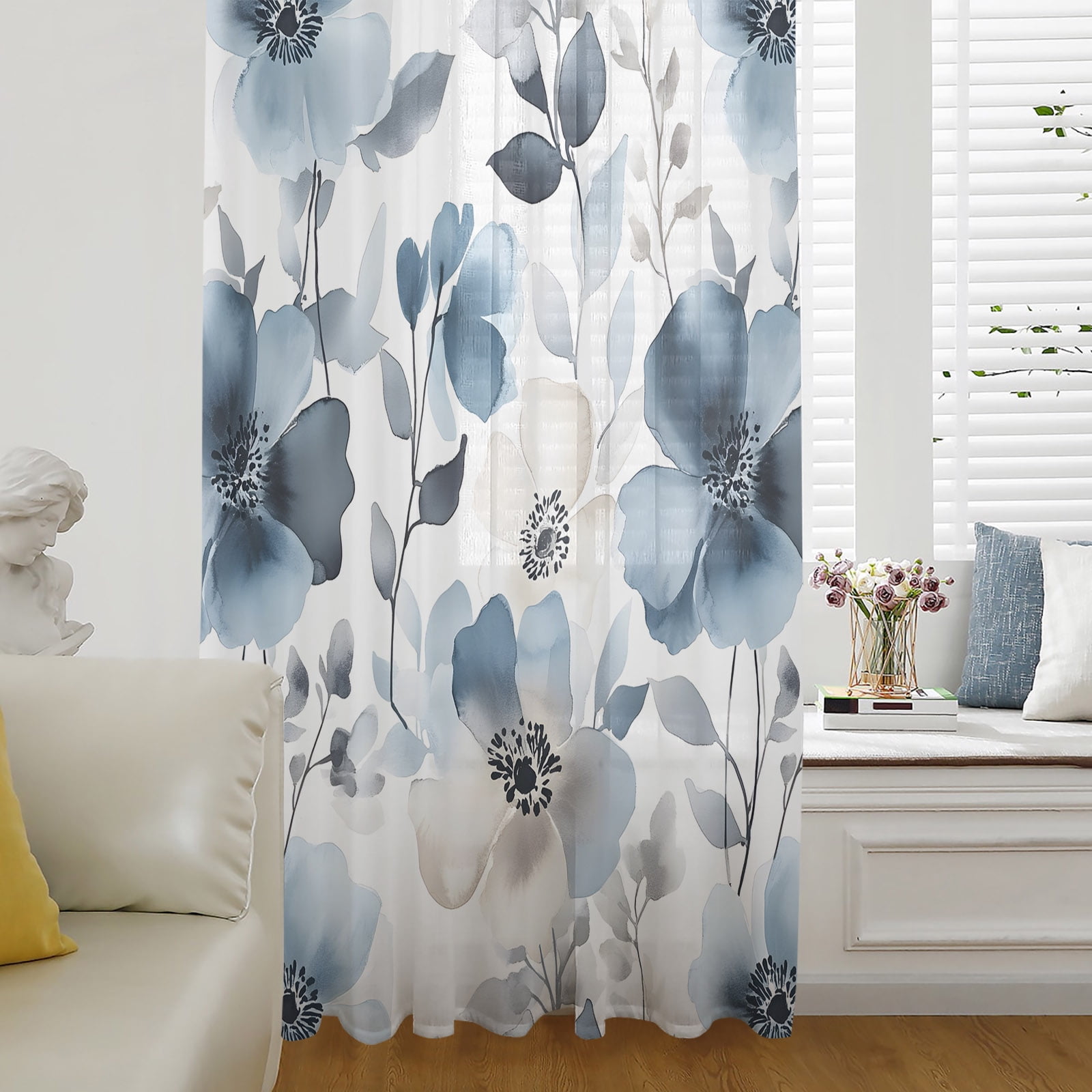Blue Spring Floral Sheer Curtains 54 Inch Length, Light Filtering Voile ...