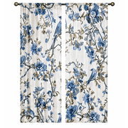 Blue Spring Floral Sheer Curtains 54 Inches Length 2 Panels Set, Window Sheer Curtains for Living Room/Bedroom, Birds Summer Flowers Botanical Light Filtering Rod Pocket Curtain 52'' x 54'' x 2