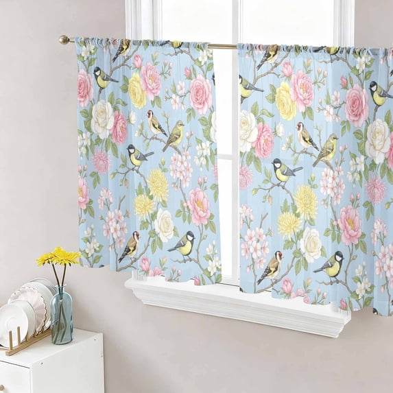 Blue Spring Floral Sheer Curtains 54 Inches Length 2 Panels Set, Window Sheer Curtains for Living Room/Bedroom, Elegant Farmhouse Flowers Birds Watercolor Light Filter Rod Pocket Curtain 52''x54''x2