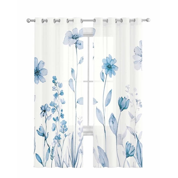 Blue Spring Floral Sheer Curtains 63 Inch Length 2 Panels Set for Living Room/Bedroom, Summer Flowers Botanical Elegant Kitchen Curtains Grommet Semi-Sheer Curtains Drapes Window Treatments 42"x63"x2