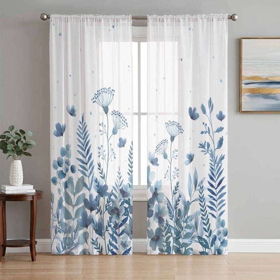 Blue Spring Floral Sheer Curtains 63 Inch Length 2 Panels Set, Watercolor Elegant Pastoral Flowers Voile Window Treatment Rod Pocket Curtains Sheers Drapes for Bedroom/Living Room/Kitchen 52x"63"x2