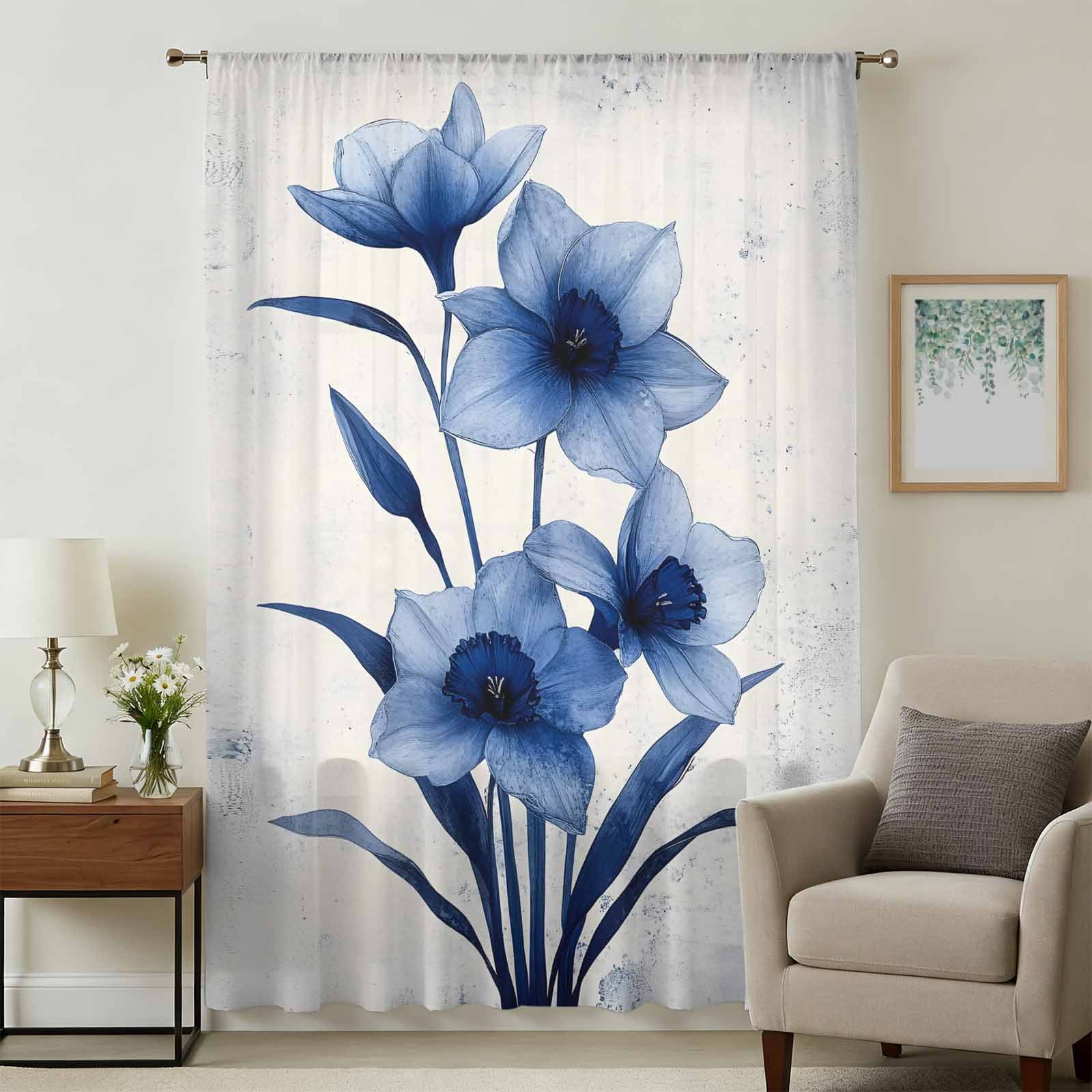 Blue Spring Floral Sheer Curtains 63 Inches Long, Summer Botanical ...