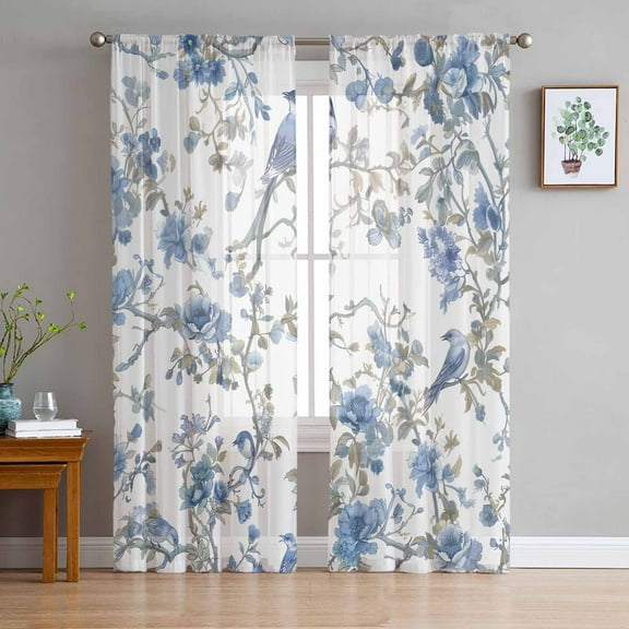 Blue Spring Floral Sheer Curtains 72 Inches Long 2 Panels Set, Window Sheer Curtains for Living Room/Bedroom, Birds Summer Flowers Botanical Light Filtering Rod Pocket Curtain 52'' x 72'' x 2