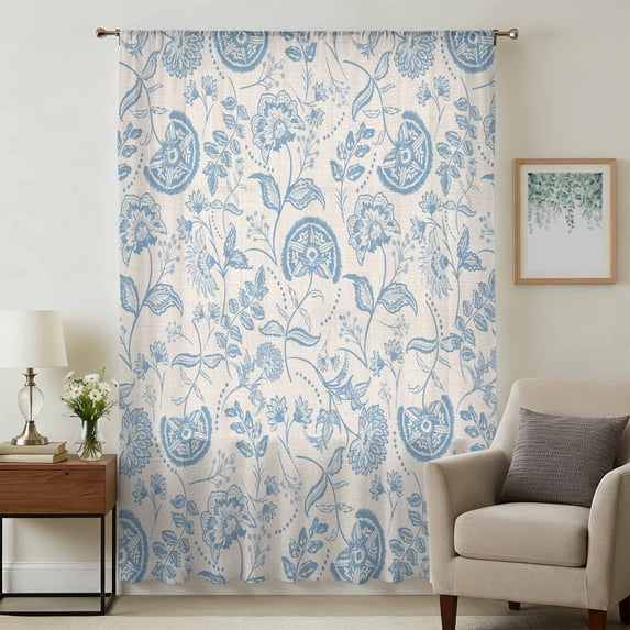 Blue Spring Floral Sheer Curtains 72 Inches Long, Farmhouse Botanical Vintage Light Filering Curtains, Breathable Simi Curtain Privacy Drapes for Living Room Bedroom Lightweight Window Treatment