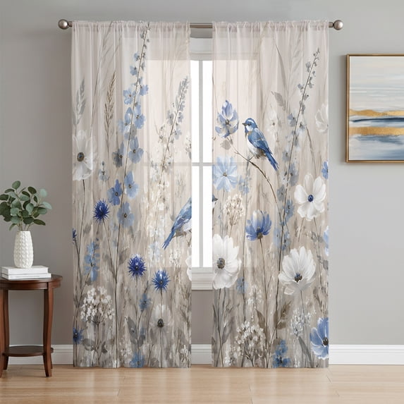 Blue Spring Floral Sheer Curtains 84 Inch Length 2 Panels Set, Summer Botanical Birds Vintage Voile Window Treatment Rod Pocket Curtains Sheers Drapes for Bedroom/Living Room/Kitchen 52"x84"x2